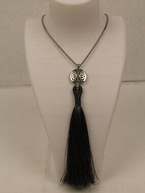 Brighton Silver Tone Filigree Mandala Medallion Black Thread Tassel Necklace
